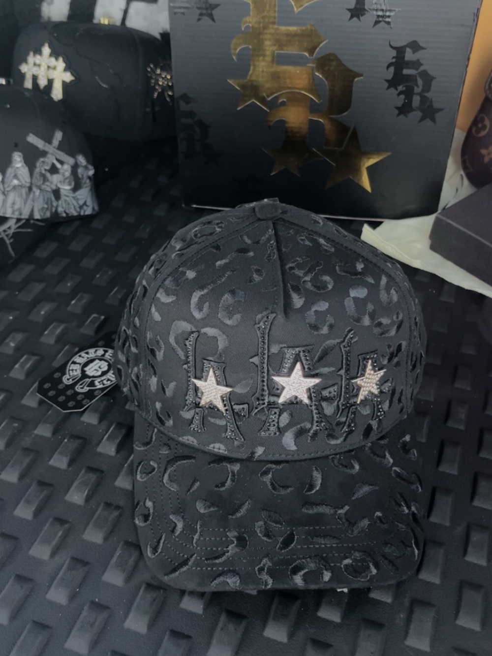 Exclusive hat Black Embossed Star Accent Baseball Cap